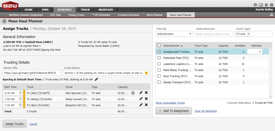 screenshot of B2W Schedule